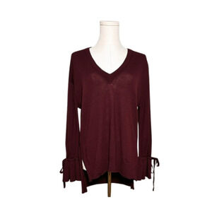 J Crew Women's Burgundy V Neck Tied Bell Sleeve Merino Wool Sweater Medium
